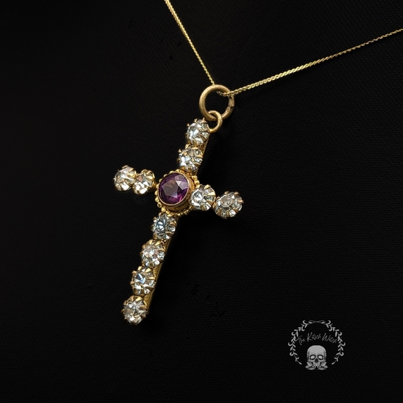 Vintage Jewelry - VINTAGE Georgian Style Rhinestone Cross Pendant on 14k Gold Filled Chain